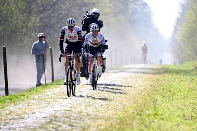 Paris Roubaix 2025 Training Session Roubaix, France - April 11 : Politt Nils (GER) of UAE Team Emirates - XRG and Pogacar Tadej (SLO) of UAE Team Emirates - XRG pictured during a training session prior to the 122nd edition of Paris Roubaix an UCI World Tour cycling race for Men Elite of 259,7 kms with start in Compiegne and finish at the Velodrome Andre-Petrieux in Roubaix on April 11, 2025 in Roubaix, France, 11 04 2025 ( Motordriver Guy De Vuyst - Roubaix France  Copyright: xVincentxKalutx