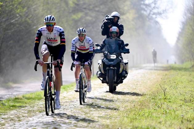 Paris Roubaix 2025 Training Session Roubaix, France - April 11 : Politt Nils (GER) of UAE Team Emirates - XRG and Pogacar Tadej (SLO) of UAE Team Emirates - XRG pictured during a training session prior to the 122nd edition of Paris Roubaix an UCI World Tour cycling race for Men Elite of 259,7 kms with start in Compiegne and finish at the Velodrome Andre-Petrieux in Roubaix on April 11, 2025 in Roubaix, France, 11 04 2025 ( Motordriver Guy De Vuyst - Roubaix France  Copyright: xVincentxKalutx