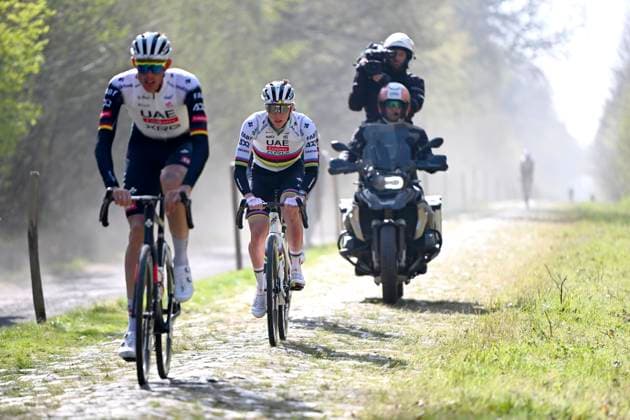 Paris Roubaix 2025 Training Session Roubaix, France - April 11 : Politt Nils (GER) of UAE Team Emirates - XRG and Pogacar Tadej (SLO) of UAE Team Emirates - XRG pictured during a training session prior to the 122nd edition of Paris Roubaix an UCI World Tour cycling race for Men Elite of 259,7 kms with start in Compiegne and finish at the Velodrome Andre-Petrieux in Roubaix on April 11, 2025 in Roubaix, France, 11 04 2025 ( Motordriver Guy De Vuyst - Roubaix France  Copyright: xVincentxKalutx