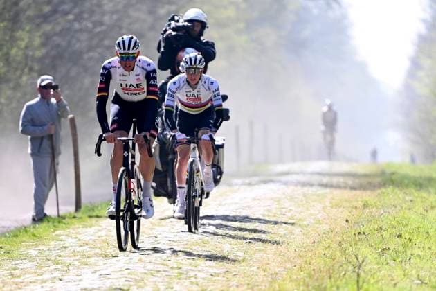 Paris Roubaix 2025 Training Session Roubaix, France - April 11 : Politt Nils (GER) of UAE Team Emirates - XRG and Pogacar Tadej (SLO) of UAE Team Emirates - XRG pictured during a training session prior to the 122nd edition of Paris Roubaix an UCI World Tour cycling race for Men Elite of 259,7 kms with start in Compiegne and finish at the Velodrome Andre-Petrieux in Roubaix on April 11, 2025 in Roubaix, France, 11 04 2025 ( Motordriver Guy De Vuyst - Roubaix France  Copyright: xVincentxKalutx