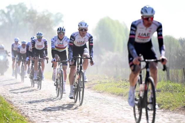Paris Roubaix 2025 Training Session Roubaix, France - April 11 : Politt Nils (GER) of UAE Team Emirates - XRG and Pogacar Tadej (SLO) of UAE Team Emirates - XRG pictured during a training session prior to the 122nd edition of Paris Roubaix an UCI World Tour cycling race for Men Elite of 259,7 kms with start in Compiegne and finish at the Velodrome Andre-Petrieux in Roubaix on April 11, 2025 in Roubaix, France, 11 04 2025 ( Motordriver Guy De Vuyst - Roubaix France  Copyright: xVincentxKalutx