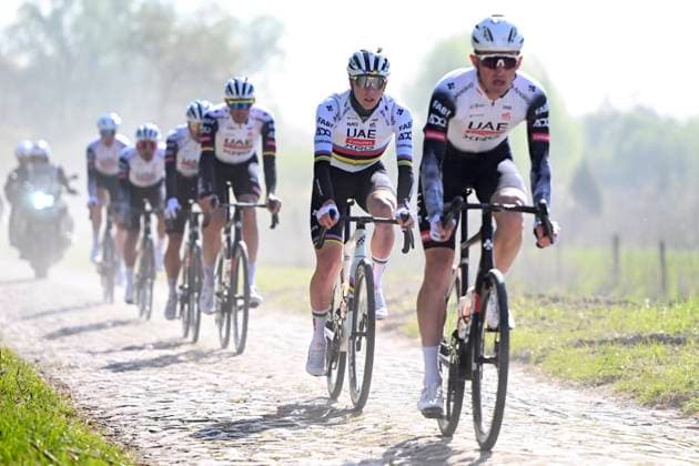 Paris Roubaix 2025 Training Session Roubaix, France - April 11 : Pogacar Tadej (SLO) of UAE Team Emirates - XRG and teammates pictured during a training session prior to the 122nd edition of Paris Roubaix an UCI World Tour cycling race for Men Elite of 259,7 kms with start in Compiegne and finish at the Velodrome Andre-Petrieux in Roubaix on April 11, 2025 in Roubaix, France, 11 04 2025 ( Motordriver Guy De Vuyst - Roubaix France  Copyright: xVincentxKalutx