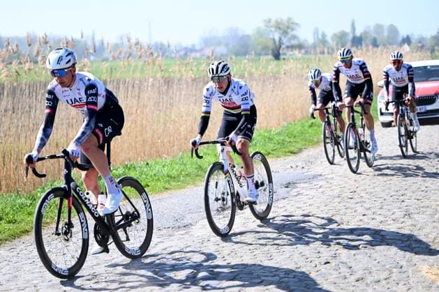 Paris Roubaix 2025 Training Session Roubaix, France - April 11 : Pogacar Tadej (SLO) of UAE Team Emirates - XRG and teammates pictured during a training session prior to the 122nd edition of Paris Roubaix an UCI World Tour cycling race for Men Elite of 259,7 kms with start in Compiegne and finish at the Velodrome Andre-Petrieux in Roubaix on April 11, 2025 in Roubaix, France, 11 04 2025 ( Motordriver Guy De Vuyst - Roubaix France  Copyright: xVincentxKalutx