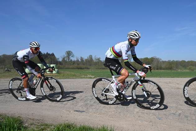 Paris Roubaix 2025 Training Session Roubaix, France - April 11 : Pogacar Tadej (SLO) of UAE Team Emirates - XRG and teammates pictured during a training session prior to the 122nd edition of Paris Roubaix an UCI World Tour cycling race for Men Elite of 259,7 kms with start in Compiegne and finish at the Velodrome Andre-Petrieux in Roubaix on April 11, 2025 in Roubaix, France, 11 04 2025 ( Motordriver Guy De Vuyst - Roubaix France  Copyright: xVincentxKalutx
