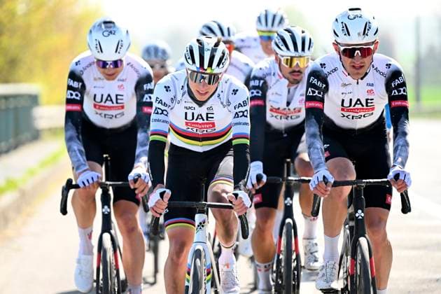 Paris Roubaix 2025 Training Session Roubaix, France - April 11 : Pogacar Tadej (SLO) of UAE Team Emirates - XRG and teammates pictured during a training session prior to the 122nd edition of Paris Roubaix an UCI World Tour cycling race for Men Elite of 259,7 kms with start in Compiegne and finish at the Velodrome Andre-Petrieux in Roubaix on April 11, 2025 in Roubaix, France, 11 04 2025 ( Motordriver Guy De Vuyst - Roubaix France  Copyright: xVincentxKalutx