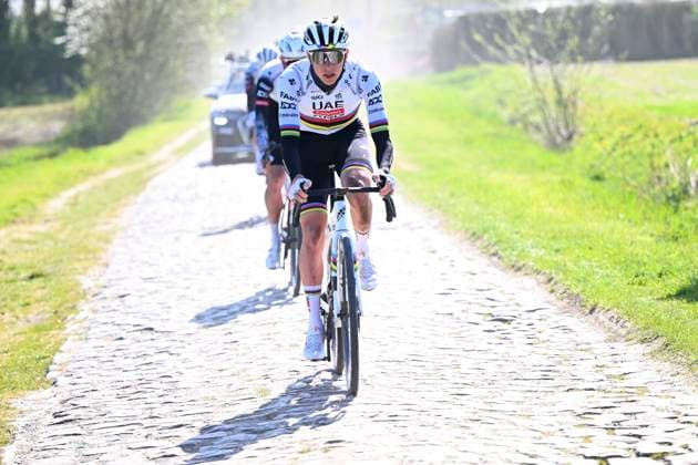 Paris Roubaix 2025 Training Session Roubaix, France - April 11 : Pogacar Tadej (SLO) of UAE Team Emirates - XRG and teammates pictured during a training session prior to the 122nd edition of Paris Roubaix an UCI World Tour cycling race for Men Elite of 259,7 kms with start in Compiegne and finish at the Velodrome Andre-Petrieux in Roubaix on April 11, 2025 in Roubaix, France, 11 04 2025 ( Motordriver Guy De Vuyst - Roubaix France  Copyright: xVincentxKalutx
