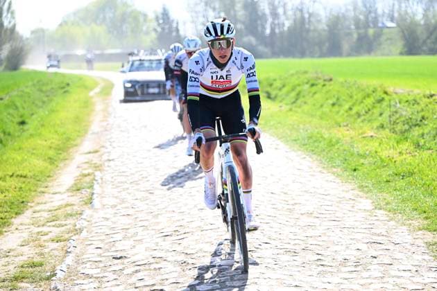 Paris Roubaix 2025 Training Session Roubaix, France - April 11 : Pogacar Tadej (SLO) of UAE Team Emirates - XRG and teammates pictured during a training session prior to the 122nd edition of Paris Roubaix an UCI World Tour cycling race for Men Elite of 259,7 kms with start in Compiegne and finish at the Velodrome Andre-Petrieux in Roubaix on April 11, 2025 in Roubaix, France, 11 04 2025 ( Motordriver Guy De Vuyst - Roubaix France  Copyright: xVincentxKalutx