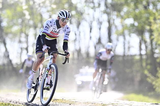 Slovenian Tadej Pogacar of UAE Team Emirates pictured during the reconnaissance of the track of this year s one-day cycling race Paris-Roubaix, around Roubaix, France, Friday 11 April 2025. JASPERxJACOBS  x120539745x