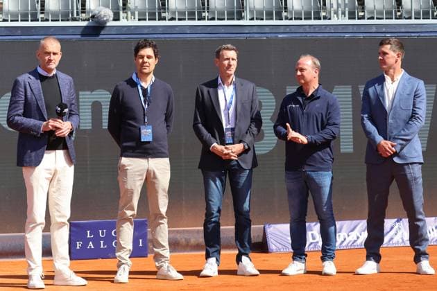 Kick-off PK, from left Christian Ach, Head of BMW Germany, Dr Fabian Tross, Chairman MTTC Iphitos, Patrik Kühnen, Tournament Director BMW Open by Bitpanda, Mischa Zverev, Tournament Director Allianz Para Trophy, Christian Okon, Organizer MMP Event, Press conference on new Center Court Tennis BMW Open by Bitpanda ATP 500 Munich Kick-off PK 11 04 2025 PHOTO Mladen Lackovic LakoPress