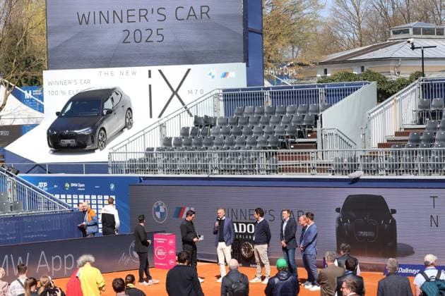 Press conference on new center court incl. unveiling of BMW winning car iX M 70, Christian Ach, Head of BMW Germany, Dr Fabian Tross, Chairman MTTC Iphitos, Patrik Kühnen, Tournament Director BMW Open by Bitpanda, Mischa Zverev, Tournament Director Allianz Para Trophy, Christian Okon, Organizer MMP Event, Press conference on new center court Tennis BMW Open by Bitpanda ATP 500 Munich Kick-off PK 11 04 2025 PHOTO Mladen Lackovic LakoPress