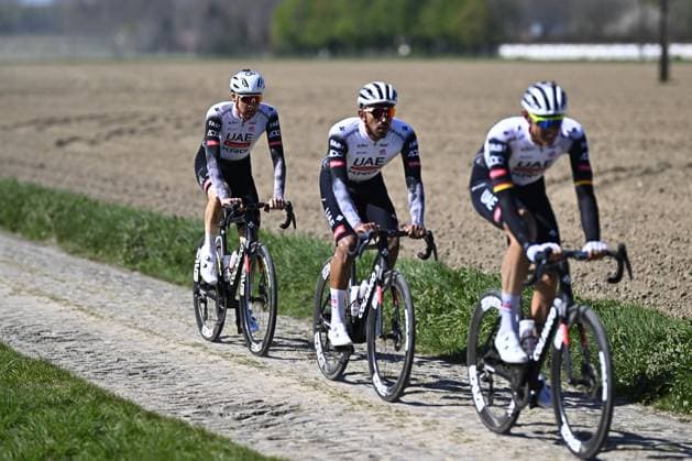 Belgian Tim Wellens of UAE Team Emirates (L) pictured during the reconnaissance of the track of this year s one-day cycling race Paris-Roubaix, around Roubaix, France, Friday 11 April 2025. JASPERxJACOBS  x120543520x