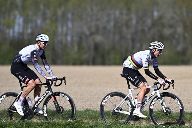 Belgian Florian Vermeersch of UAE Team Emirates and Slovenian Tadej Pogacar of UAE Team Emirates pictured during the reconnaissance of the track of this year s one-day cycling race Paris-Roubaix, around Roubaix, France, Friday 11 April 2025. JASPERxJACOBS  x120543711x