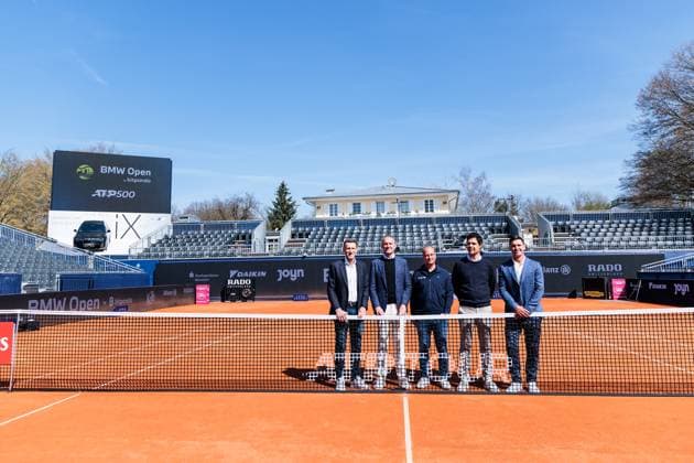 BMW Open Munich ATP 500 Opening Press Conference 11 04 2025 Group photo Patrik Kühnen, Tournament Director BMW Open by Bitpanda, Christian Ach, Head of BMW Germany, Christian Okon, Organizer MMP Event, Dr Fabian Tross, Chairman MTTC Iphitos and Mischa Zverev, Tournament Director Allianz Para Trophy BMW Open by Bitpanda Munich ATP 500 Opening Press Conference, Munich, MTTC Iphitos on 11 04 2025 Copyright: xBEAUTIFULxSPORTS Wunderlx