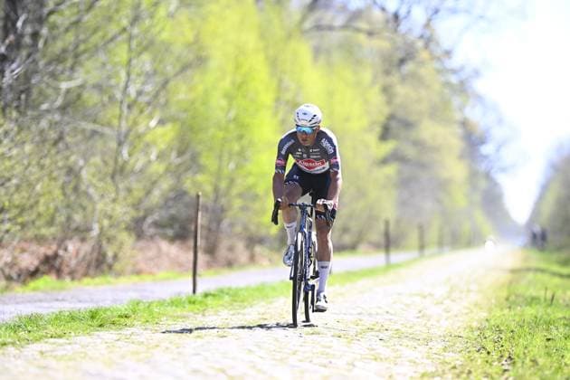 Belgian Jasper Philipsen of Alpecin-Deceuninck pictured during the reconnaissance of the track of this year s one-day cycling race Paris-Roubaix, around Roubaix, France, Friday 11 April 2025. JASPERxJACOBS  x120550293x