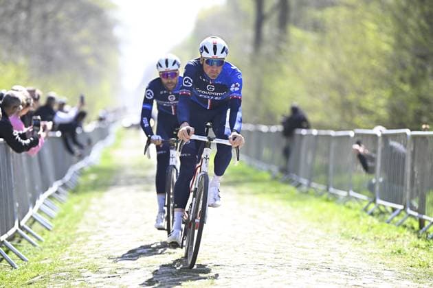 Swiss Stefan Kung of Groupama-FDJ pictured during the reconnaissance of the track of this year s one-day cycling race Paris-Roubaix, around Roubaix, France, Friday 11 April 2025. JASPERxJACOBS  x120550728x