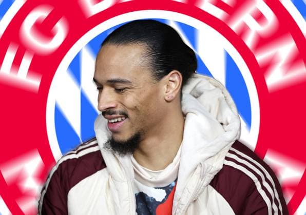 ATTENTION PHOTOMONTAGE Here in the picture Leroy Sane FC Bayern Munich , whose contract is possibly about to be extended, the club has allegedly made him an official offer, in the background the logo which has been dynamically blurred