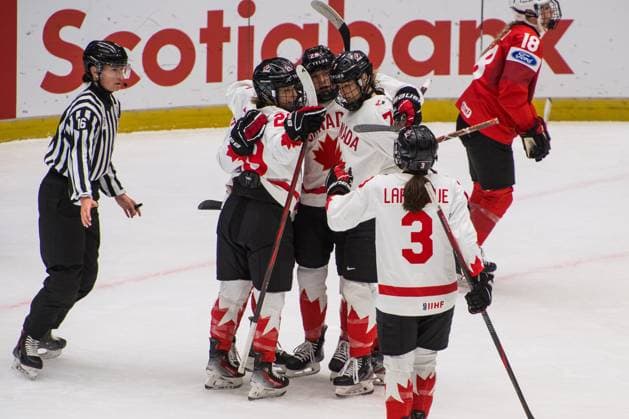 Players of Canada celebrate a goal during the Ice hockey, Eishockey IIHF WomenÂ s World Championship, WM, Weltmeisterschaft Group A, match Switzerland vs Canada, Ceske Budejovice, Czech Republic, April 11, 2025. (CTKxPhoto PetrxSkrivanek) CTKPhotoP2025041106001  CTKPhotoP2025041106001