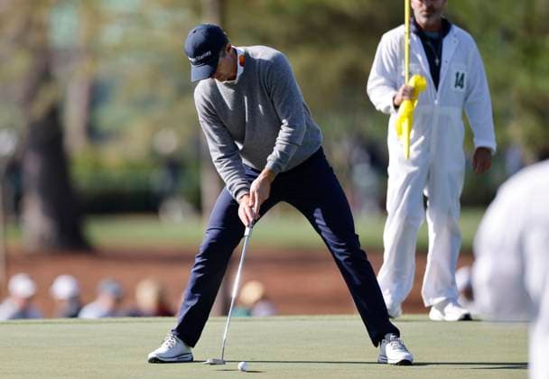 Justin Rose of England taps in a putt on the third hole during round two of the 2025 Masters golf tournament at Augusta National Golf Club in Augusta, Georgia, on Friday, April 11, 2025.  AUG20250411507 TANNENxMAURY