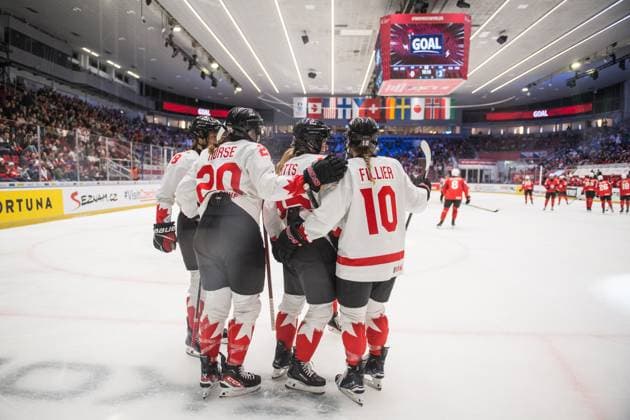 Players of Canada celebrate a goal during the Ice hockey, Eishockey IIHF WomenÂ s World Championship, WM, Weltmeisterschaft Group A, match Switzerland vs Canada, Ceske Budejovice, Czech Republic, April 11, 2025. (CTKxPhoto PetrxSkrivanek) CTKPhotoP2025041106490  CTKPhotoP2025041106490