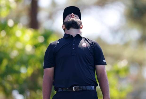 Jon Rahm of Spain reacts after his tee shot on the fourth hole during round two of the 2025 Masters golf tournament at Augusta National Golf Club in Augusta, Georgia, on Friday, April 11, 2025.  AUG20250411545 JOHNxANGELILLO