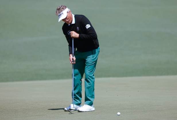 Bernhard Langer of Germany putts on the seventh hole during round two of the 2025 Masters golf tournament at Augusta National Golf Club in Augusta, Georgia, on Friday, April 11, 2025. Langer has announced that this will be his final Masters tournament.  AUG20250411559 TANNENxMAURY