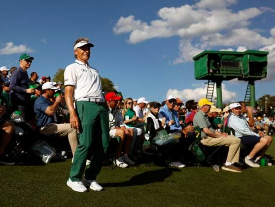 Bernhard Langer of Germany reacts after a chip shot to the 18th green during the second round of the 2025 Masters golf tournament at Augusta National Golf Club in Augusta, Georgia, on Friday, April 11, 2025. Langer a two-time winner of the green jacket in 1985 and 1993 had announced that his 41st Masters appearance will be his last. Langer missed the cut making a bogey on the 18th hole.  AUG202504112011 JOHNxANGELILLO