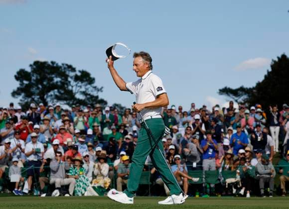 Bernhard Langer of Germany reacts as he walks off of the 18th green during the second round of the 2025 Masters golf tournament at Augusta National Golf Club in Augusta, Georgia, on Friday, April 11, 2025. Langer a two-time winner of the green jacket in 1985 and 1993 had announced that his 41st Masters appearance will be his last. Langer missed the cut making a bogey on the 18th hole.  AUG202504112012 JOHNxANGELILLO