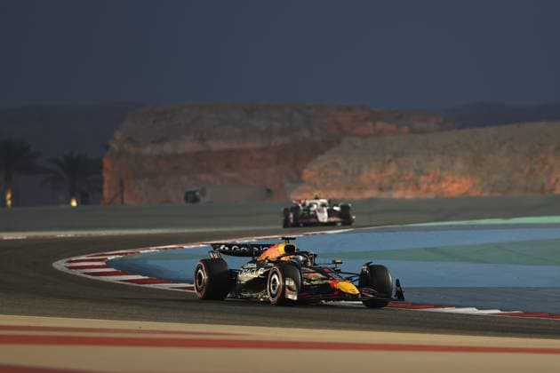 (250412) -- SAKHIR, April 12, 2025 -- Red Bull s driver Max Verstappen (front) of the Netherlands drives during the second free practice session of the Formula One Bahrain Grand Prix at the Bahrain International Circuit in Sakhir, Bahrain, on April 11, 2025. (Photo by Xinhua) (SP)BAHRAIN-SAKHIR-F1-GRAND PRIX-PRACTICE QianxJun 