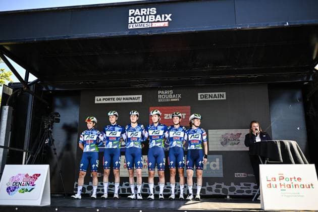 AG Insurance-Soudal Team riders pictured before pictured at the start of the women s race of the Paris-Roubaix one day cycling race, 148,5 km from Denain to Roubaix, France, on Saturday 12 April 2025. JASPERxJACOBS  x120609413x