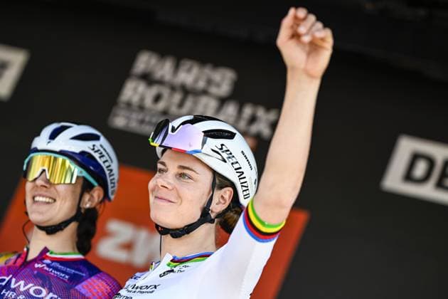 Belgian Lotte Kopecky of SD Worx-Protime pictured before pictured at the start of the women s race of the Paris-Roubaix one day cycling race, 148,5 km from Denain to Roubaix, France, on Saturday 12 April 2025. JASPERxJACOBS  x120609644x