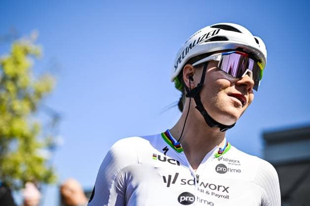 Belgian Lotte Kopecky of SD Worx-Protime pictured before pictured at the start of the women s race of the Paris-Roubaix one day cycling race, 148,5 km from Denain to Roubaix, France, on Saturday 12 April 2025. JASPERxJACOBS  x120609746x