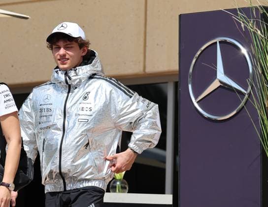 12 04 2025, Bahrain International Circuit, Sakhir, Formula 1 Gulf Air Bahrain Grand Prix 2025 ,pictured Andrea Kimi Antonelli ITA , Mercedes AMG Petronas Formula One Team in a silver chilled jacket Photo by Hasan Bratic DeFodi Images