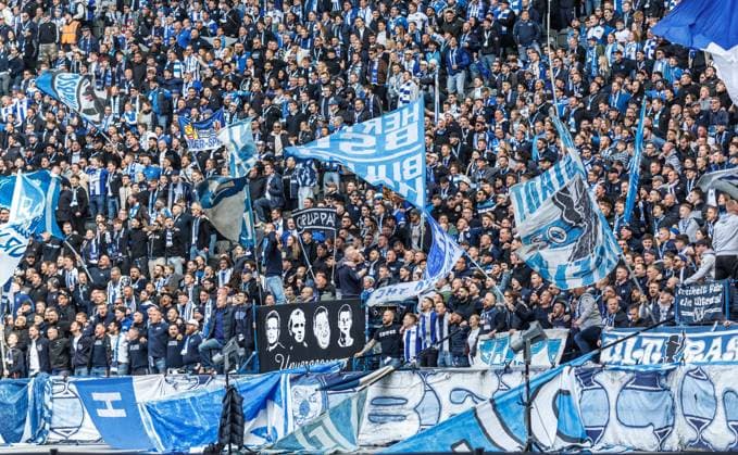 Berlin,12 4 25, Soccer, 2 Bundesliga, Matchday 29, Hertha BSC SV Darmstadt 98, Olympiastadion Hertha fans tune into the match DFL regulations and DFB regulations prohibit any use of photographs as image sequences and or quasi video, Foto Andreas Gora Hertha BSC SV Darmstadt 98