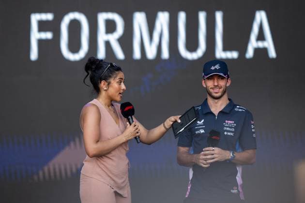 Ariana Bravo F1 presenter with Pierre Gasly BWT Alpine F1 Team, France, 10 at the Fan Forum in the Fanzone, BAH, Formula 1 World Championship, Gulf Air Grand Prix of Bahrain, Bahrain International Circuit, Arrival of the drivers, 2025 season, 12 04 2025 BAH, Formula 1 World Championship, Gulf Air Grand Prix of Bahrain, Bahrain International Circuit, Arrival of the drivers, 2025 season, 12 04 2025 Sakhir Copyright: xEibner-Pressefoto Memmlerx EP_MMR