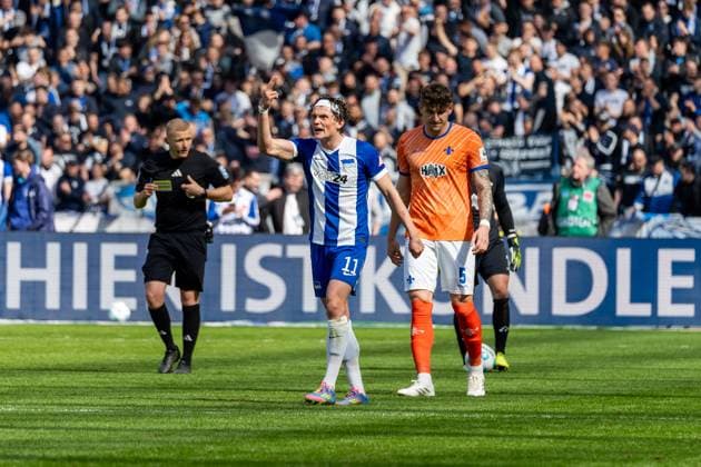 Emotion Fabian Reese Hertha BSC Berlin, 11 , GER, Hertha BSC Berlin vs SV Darmstadt 98, Football, 2 Bundesliga, Matchday 29, Season 2024 2025, 12 04 2025, DFL REGULATES PROHIBIT ANY USE OF PHOTOGRAPHS AS IMAGE SEQUENCES AND OR QUASI VIDEO, GER, Hertha BSC Berlin vs SV Darmstadt 98, Football, 2 Bundesliga, Matchday 29, Season 2024 2025, 12 04 2025 Berlin Copyright: xEibner-Pressefoto Jan-NiclasxGrox EP_JGG