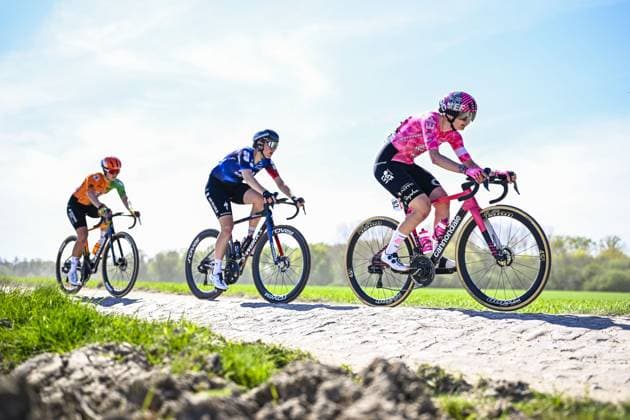 Luxembourgish Nina Berton of EF Education-Oatly pictured in action during the women s race of the Paris-Roubaix one day cycling race, 148,5 km from Denain to Roubaix, France, on Saturday 12 April 2025. JASPERxJACOBS  x120618388x