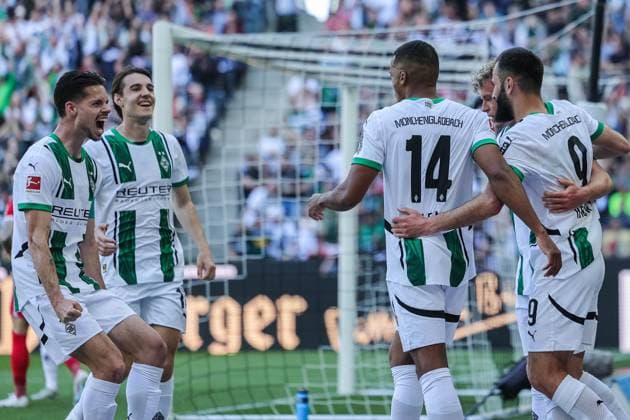 Soccer 1 Bundesliga 29 Matchday Borussia Mönchengladbach SC Freiburg on 12 04 2025 at Borussia Park in Mönchengladbach Goal celebration to 1 0 by Franck Honorat Mönchengladbach DFL regulations prohibit any use of photographs as image sequences and or quasi video xJRx