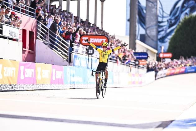 French Pauline Ferrand Prevot of Team Visma-Lease a Bike celebrates as she crosses the finish line to win the women s race of the Paris-Roubaix one day cycling race, 148,5 km from Denain to Roubaix, France, on Saturday 12 April 2025. JASPERxJACOBS  x120624000x