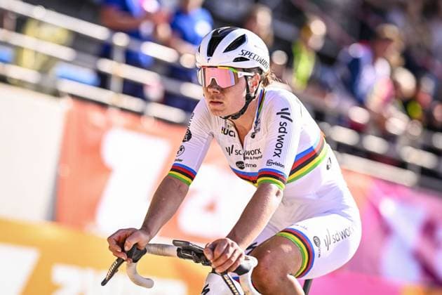 Belgian Lotte Kopecky of SD Worx-Protime crosses the finish line of the women s race of the Paris-Roubaix one day cycling race, 148,5 km from Denain to Roubaix, France, on Saturday 12 April 2025. JASPERxJACOBS  x120626346x