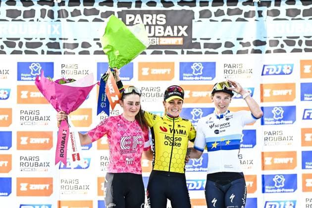 Italian Letizia Borghesi of EF Education-Oatly, French Pauline Ferrand Prevot of Team Visma-Lease a Bike and Dutch Lorena Wiebes of SD Worx-Protime pictured on the podium after the women s race of the Paris-Roubaix one day cycling race, 148,5 km from Denain to Roubaix, France, on Saturday 12 April 2025. JASPERxJACOBS  x120626606x