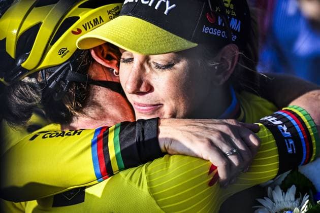 French Pauline Ferrand Prevot of Team Visma-Lease a Bike celebrates after winning the women s race of the Paris-Roubaix one day cycling race, 148,5 km from Denain to Roubaix, France, on Saturday 12 April 2025. JASPERxJACOBS  x120626772x
