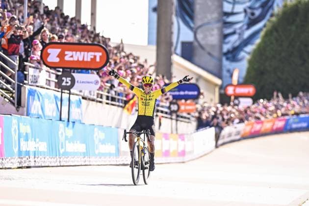 French Pauline Ferrand Prevot of Team Visma-Lease a Bike celebrates as she crosses the finish line to win the women s race of the Paris-Roubaix one day cycling race, 148,5 km from Denain to Roubaix, France, on Saturday 12 April 2025. JASPERxJACOBS  x120627369x