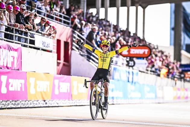 French Pauline Ferrand Prevot of Team Visma-Lease a Bike celebrates as she crosses the finish line to win the women s race of the Paris-Roubaix one day cycling race, 148,5 km from Denain to Roubaix, France, on Saturday 12 April 2025. JASPERxJACOBS  x120628316x