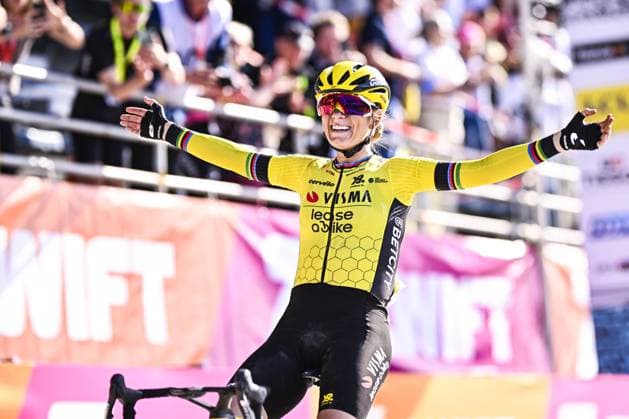French Pauline Ferrand Prevot of Team Visma-Lease a Bike celebrates as she crosses the finish line to win the women s race of the Paris-Roubaix one day cycling race, 148,5 km from Denain to Roubaix, France, on Saturday 12 April 2025. JASPERxJACOBS  x120628545x