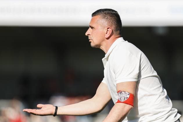 Eupen s head coach Mersad Selimbegovic reacts at a soccer match between KAS Eupen and RFC Seraing, in Eupen, on day 29 of the 2024-2025 Challenger Pro League 1B second division of the Belgian championship, Saturday 12 April 2025. NATACHAxFREISEN  x120634674x
