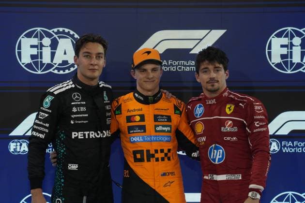 12 04 2025, Bahrain International Circuit, Sakhir, Formula 1 Gulf Air Bahrain Grand Prix 2025 ,in the picture pole position for Oscar Piastri AUS , McLaren F1 Team, 2 starting position for George Russell GBR , Mercedes AMG Petronas Formula One Team, 3 starting position for Charles Leclerc MCO , Scuderia Ferrari HP Photo by Hasan Bratic DeFodi Images