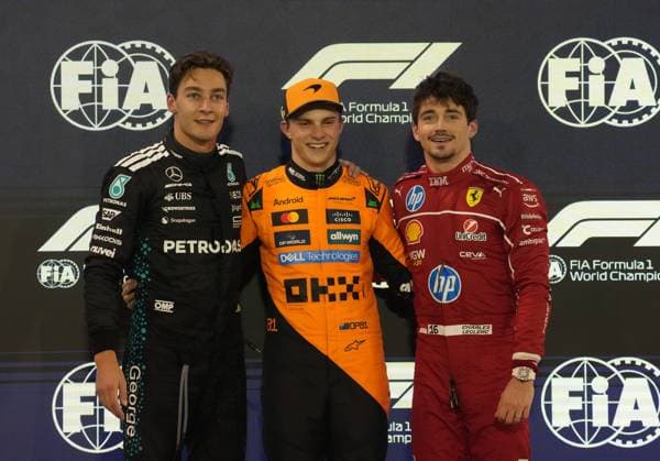 12 04 2025, Bahrain International Circuit, Sakhir, Formula 1 Gulf Air Bahrain Grand Prix 2025 ,in the picture pole position for Oscar Piastri AUS , McLaren F1 Team, 2 starting position for George Russell GBR , Mercedes AMG Petronas Formula One Team, 3 starting position for Charles Leclerc MCO , Scuderia Ferrari HP Photo by Hasan Bratic DeFodi Images