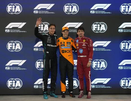 12 04 2025, Bahrain International Circuit, Sakhir, Formula 1 Gulf Air Bahrain Grand Prix 2025 ,in the picture pole position for Oscar Piastri AUS , McLaren F1 Team, 2 starting position for George Russell GBR , Mercedes AMG Petronas Formula One Team, 3 starting position for Charles Leclerc MCO , Scuderia Ferrari HP Photo by Hasan Bratic DeFodi Images