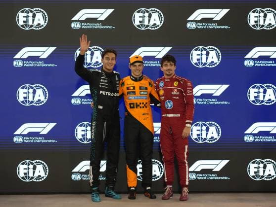 12 04 2025, Bahrain International Circuit, Sakhir, Formula 1 Gulf Air Bahrain Grand Prix 2025 ,in the picture pole position for Oscar Piastri AUS , McLaren F1 Team, 2 starting position for George Russell GBR , Mercedes AMG Petronas Formula One Team, 3 starting position for Charles Leclerc MCO , Scuderia Ferrari HP Photo by Hasan Bratic DeFodi Images