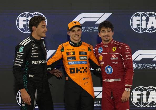 12 04 2025, Bahrain International Circuit, Sakhir, Formula 1 Gulf Air Bahrain Grand Prix 2025 ,in the picture pole position for Oscar Piastri AUS , McLaren F1 Team, 2 starting position for George Russell GBR , Mercedes AMG Petronas Formula One Team, 3 starting position for Charles Leclerc MCO , Scuderia Ferrari HP Photo by Hasan Bratic DeFodi Images